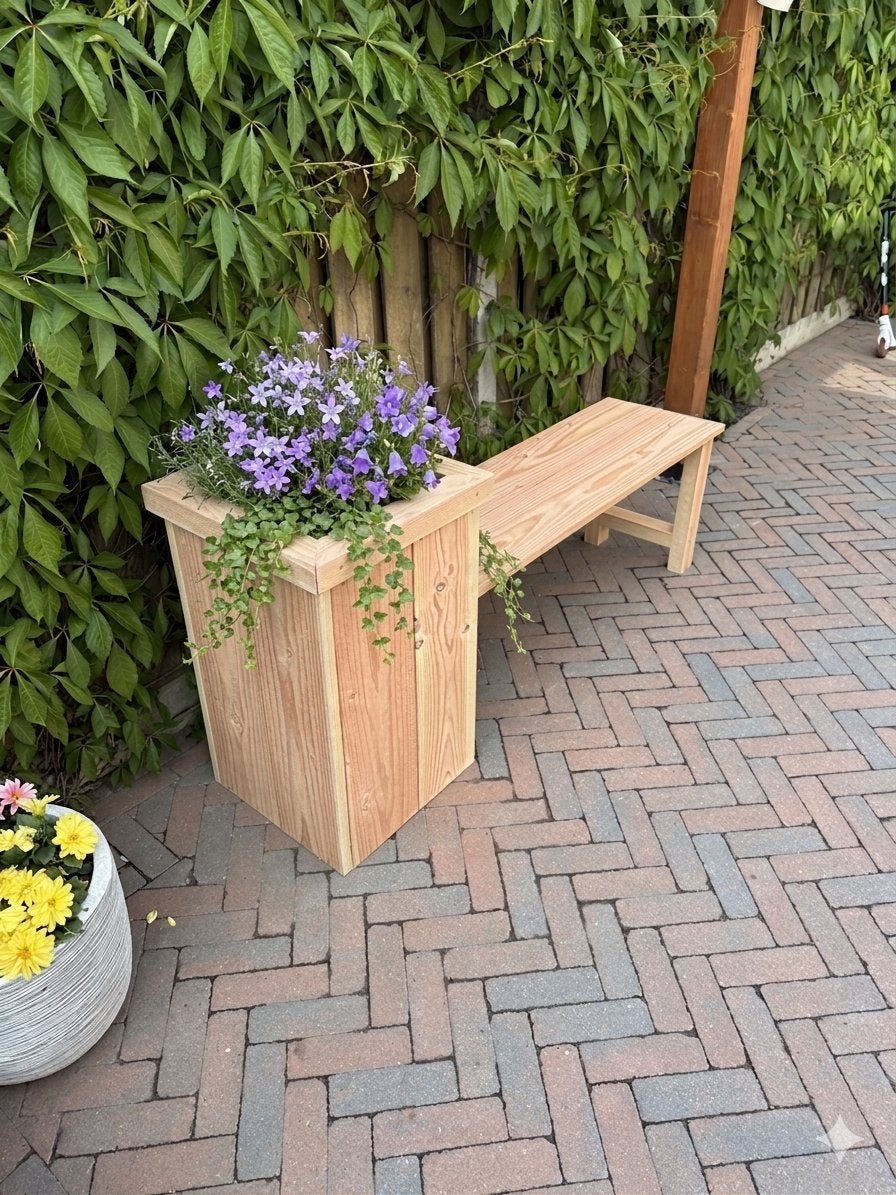 Nieuwe tuinbank van douglas hout met bloembak. 165x75x46, Ophalen, Nieuw, Hout
