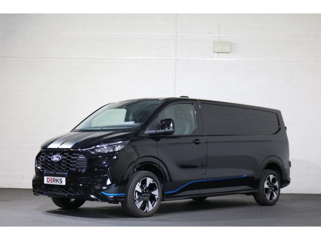 Ford E-Transit Custom L2 H1 Sport 71 kWh 218pk B&O 360 Camer, Auto's, Bestelauto's, Automaat, Gebruikt, Leder en Stof, Zwart