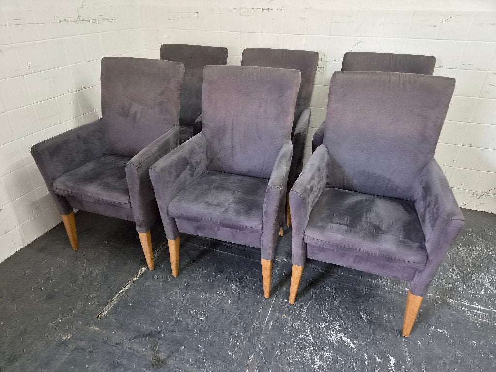 6 eetkamerstoelen / armstoelen grijze stof + eiken poten, Huis en Inrichting, Ophalen, Hout, Gebruikt, Onbekend