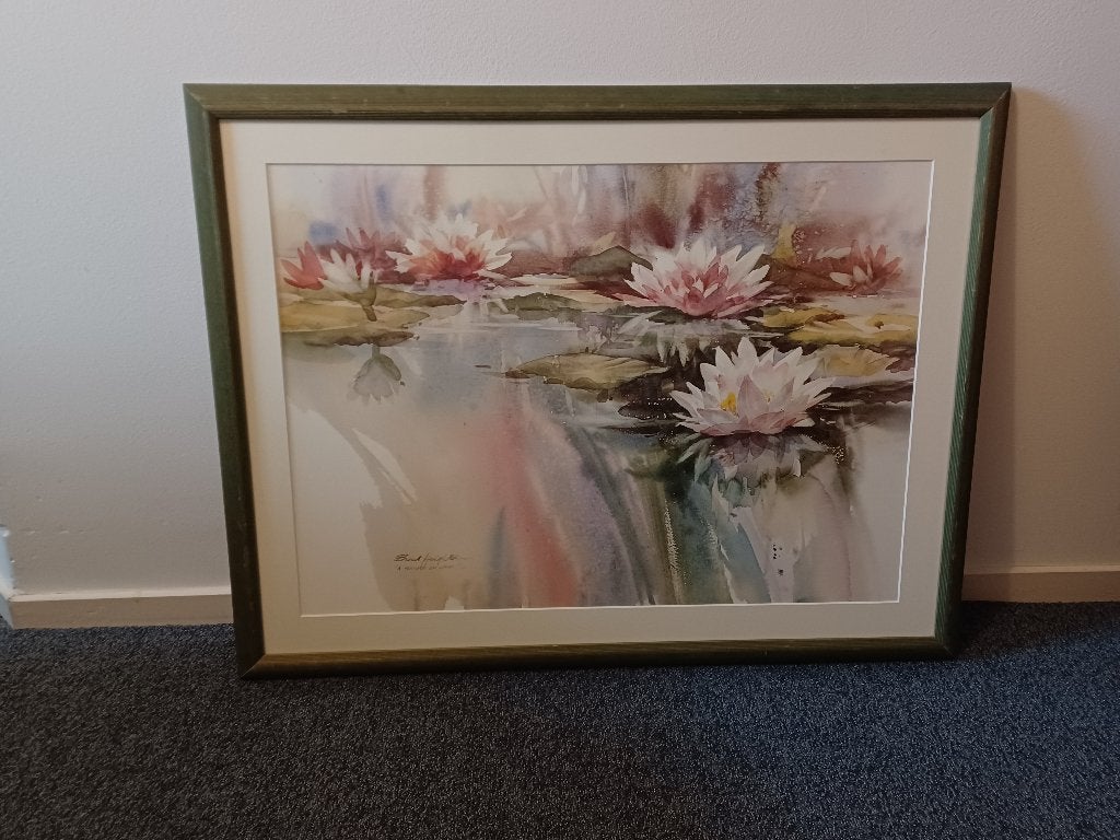Schilderij / Aquarel met waterlelies, Ophalen, Zo goed als nieuw, 75 tot 100 cm, Schilderij