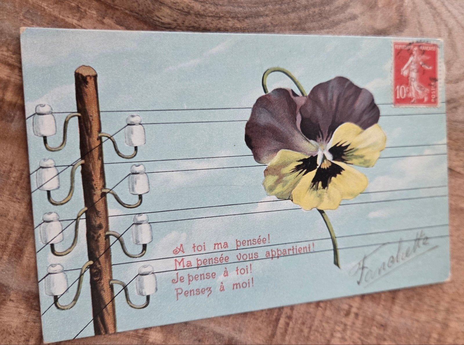 Oude Franse Ansichtkaart - 'A toi ma pensée' - Viooltje, Verzenden, Voor 1920, Gelopen, Overige thema's