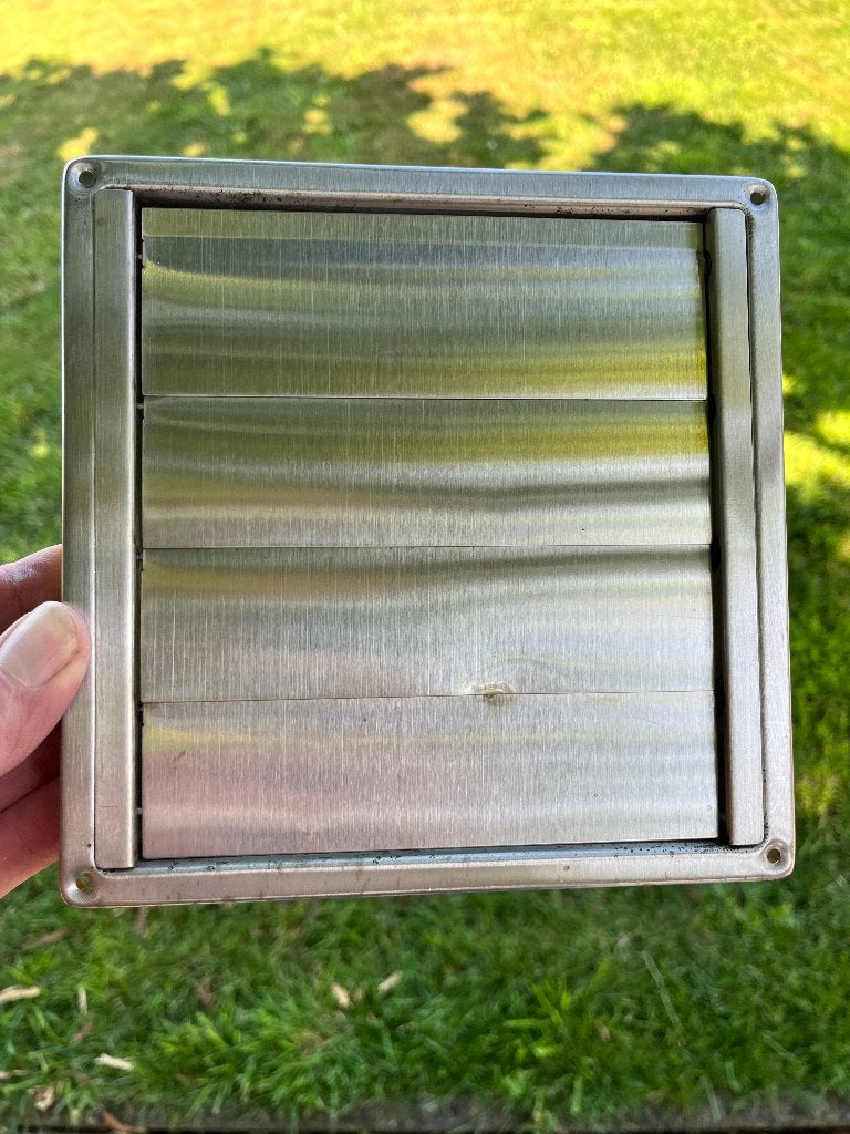 Ventilatierooster RVS met lamellen 185x185 mm buis Ø120 mm, Ophalen of Verzenden, Gebruikt, Ventilator
