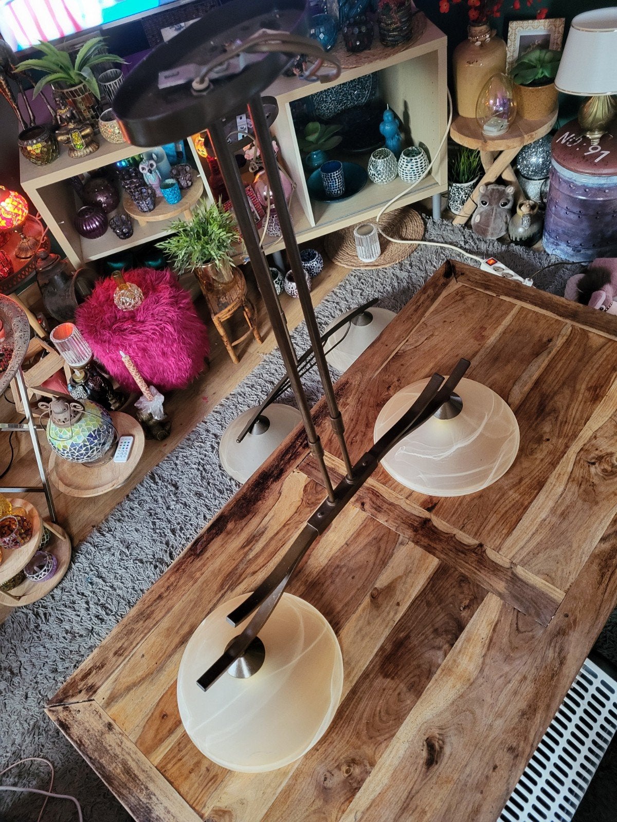 Master-Light Dubbele Hanglamp | Brons & Albastglas 92x82cm, Ophalen, Zo goed als nieuw, Glas