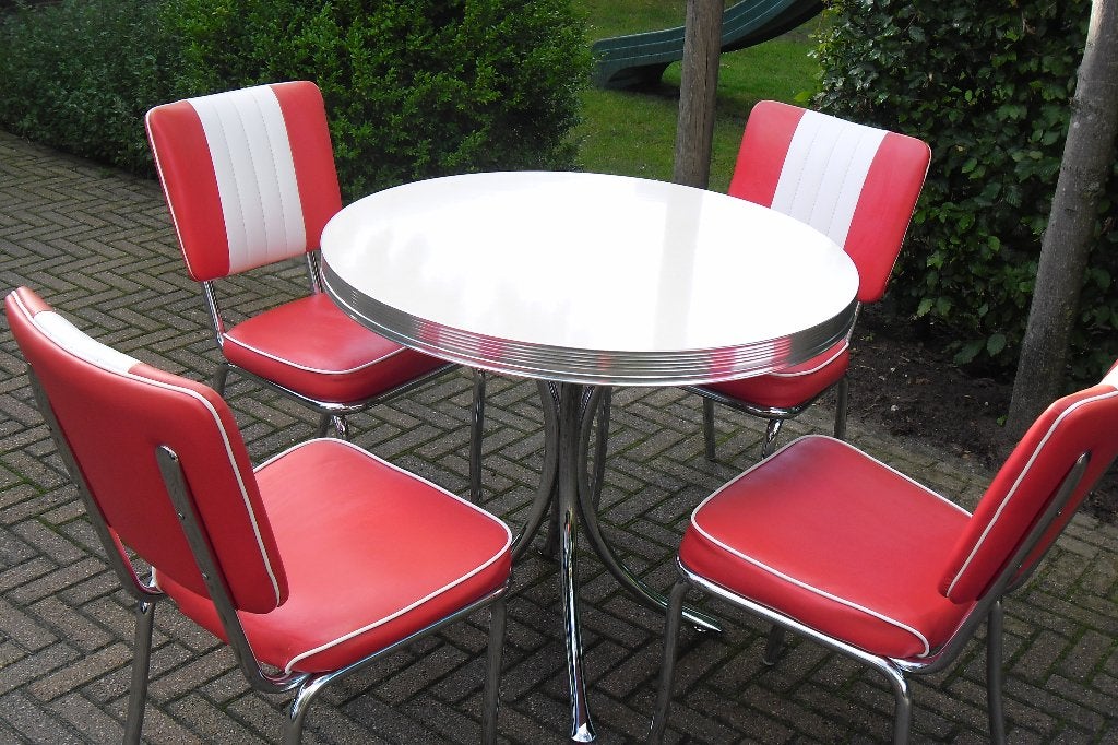 4 Amerikaanse Bel Air diner stoelen + tafel sixties fifties, Ophalen, Zo goed als nieuw, Rood, Vier