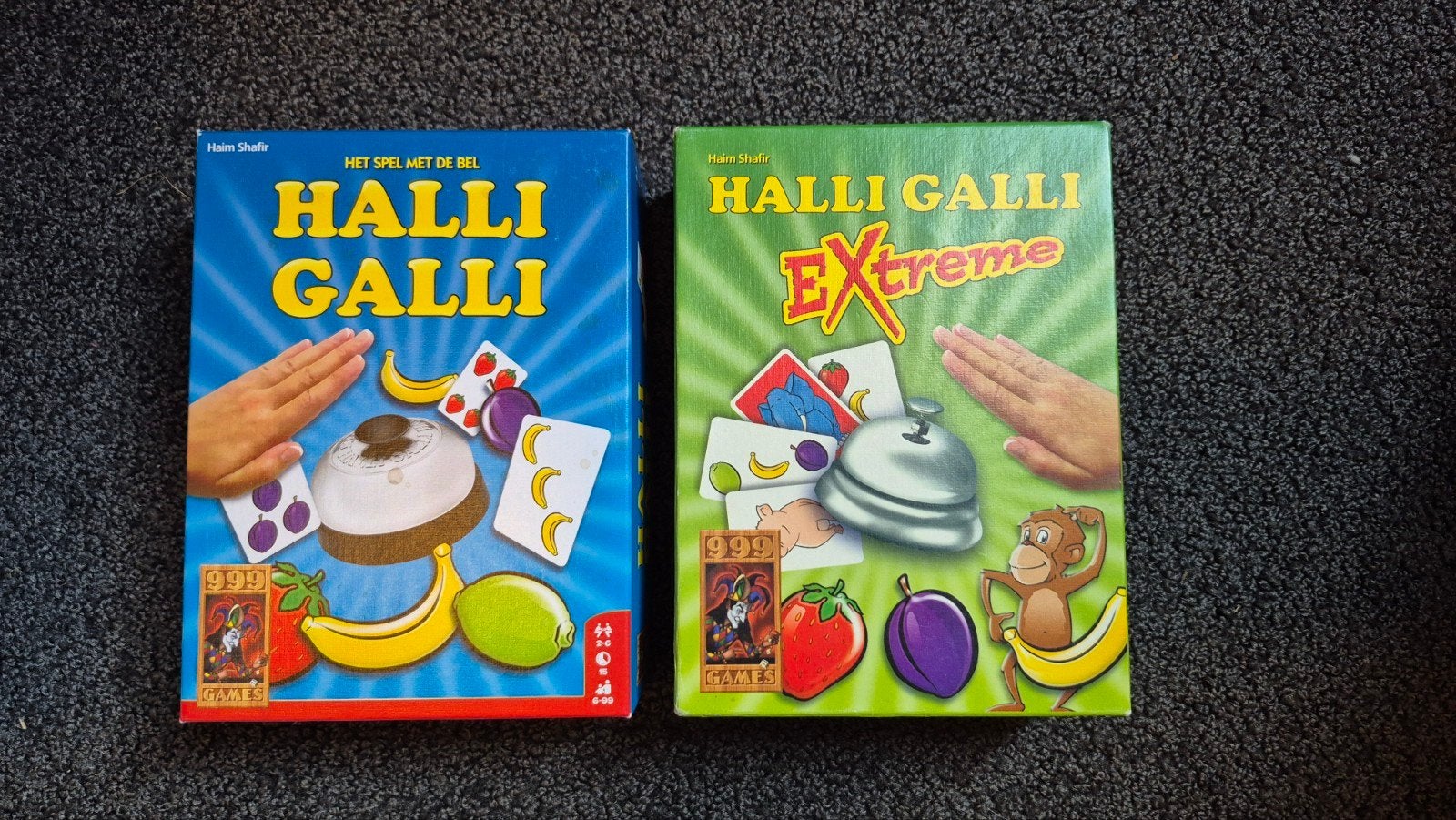 Halli Galli & Halli Galli Extreme - Het spel met de bel, Drie of vier spelers, Ophalen of Verzenden, Zo goed als nieuw, 999 Games