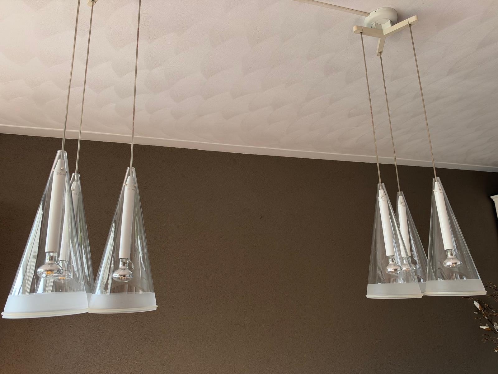 Set van 2 moderne hanglampen met 3 kelken elk, Ophalen, Gebruikt, Glas, Overige fittingen