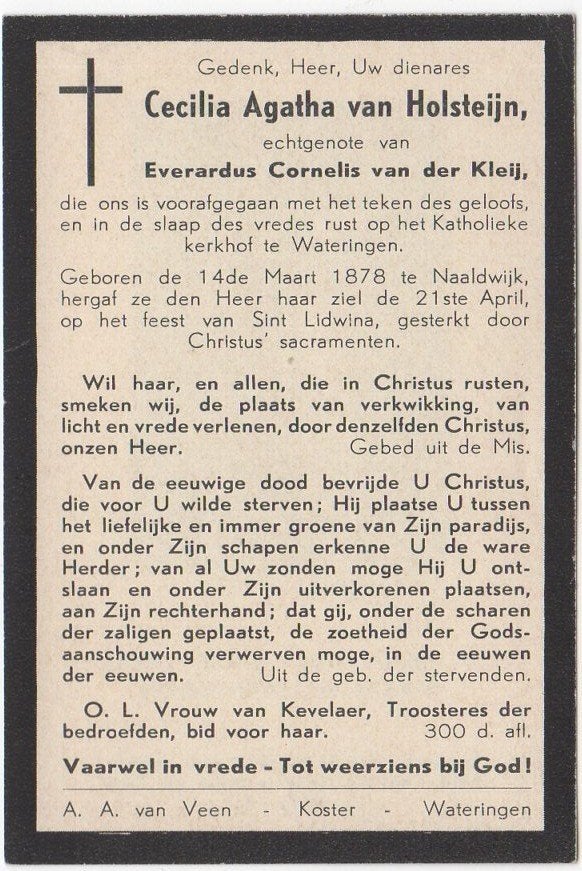 Cecilia van Holsteijn 1878 Naaldwijk + 1941 Wateringen, 63 j, Verzenden