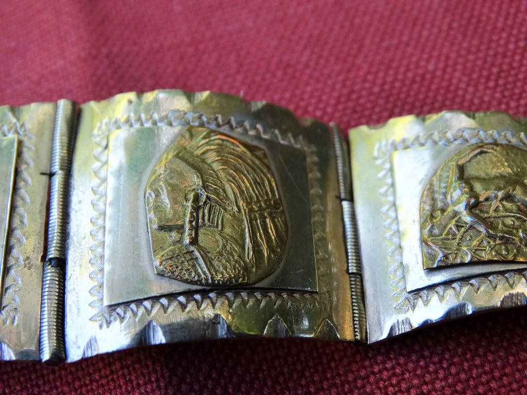 Flexibele 6 paneels zilveren armband met munten Taxco Mexico, Verzenden, Gebruikt, Zilver, Zilver