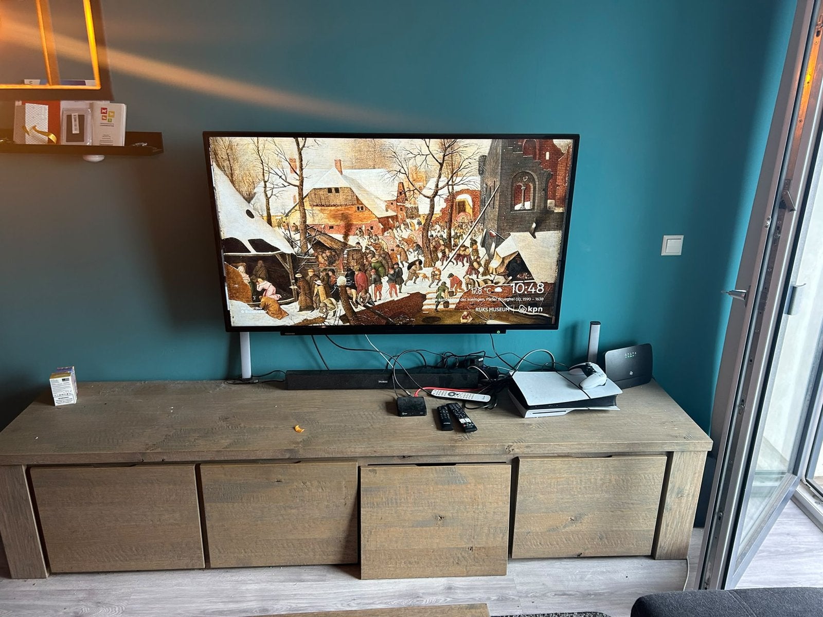Robuust eikenhouten tv-meubel en salontafel set, Huis en Inrichting, Ophalen, Gebruikt, 150 tot 200 cm, Eikenhout