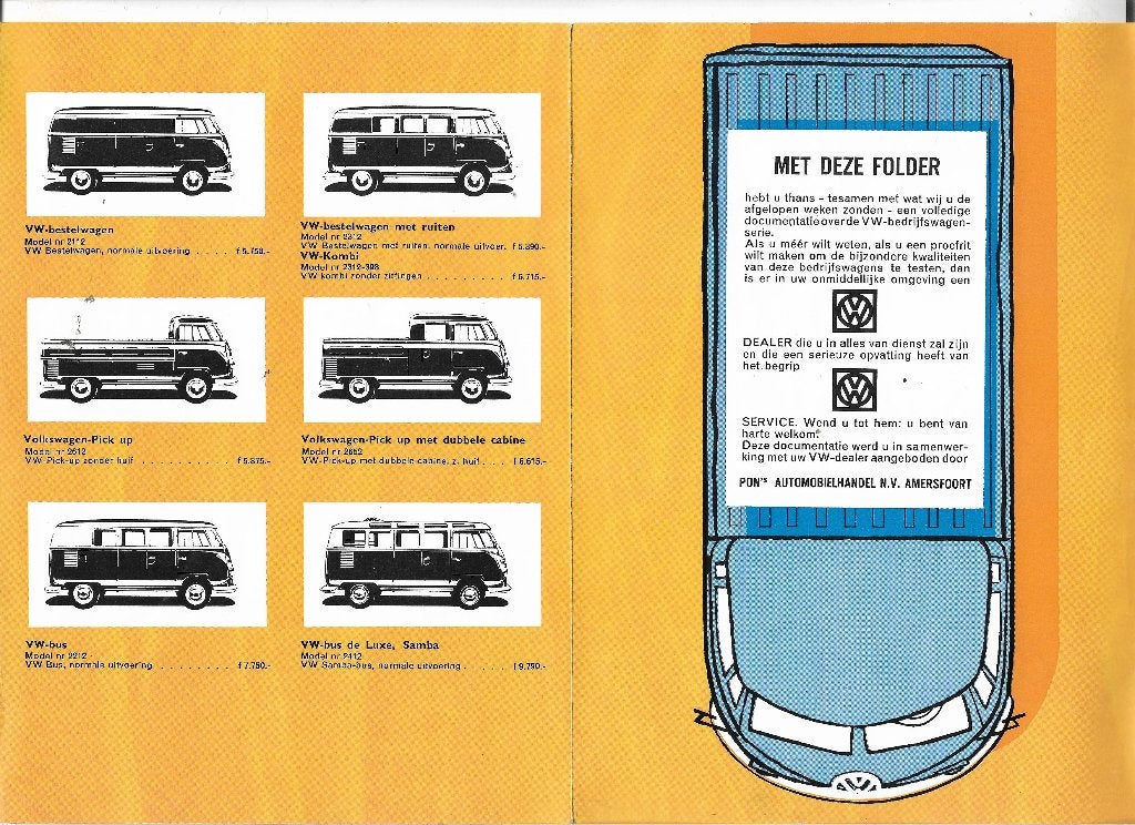 Folder/prijslijst  VW Volkswagen Bedrijfswagens T1 ca. 1960, Pon's Automobielhandel, Leusden., Nieuw, Ophalen of Verzenden, Volkswagen