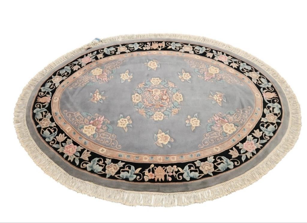 Handmade oriental wool Aubusson carpet oval gray 170x240cm