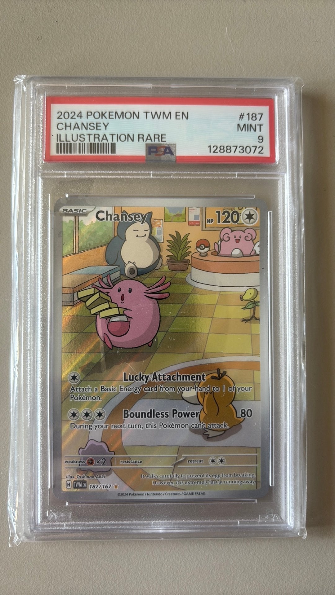 Chansey #187 2024 Twilight Masquerade PSA 9, Ophalen of Verzenden, Zo goed als nieuw