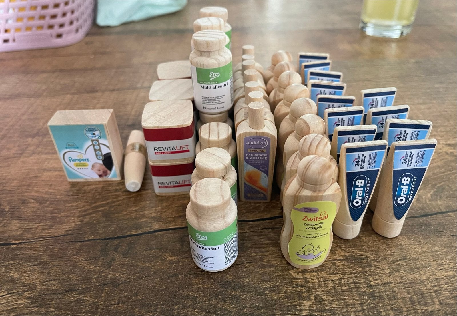 Houten boodschappen mini's voor speelgoedkeuken, Ophalen of Verzenden, Gebruikt, Overige typen