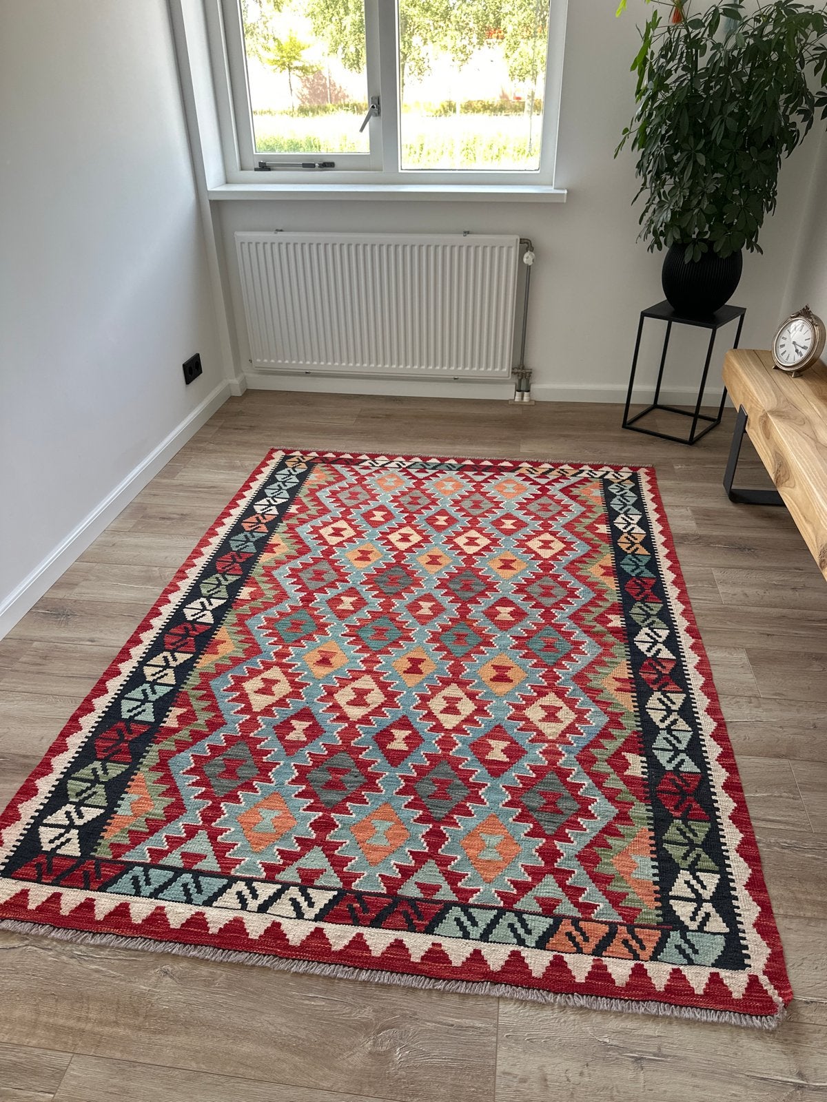 Prachtig handgeweven Kelim tapijt - Rood met geometrisch pat, Ophalen, 100 tot 150 cm, Rechthoekig, Rood
