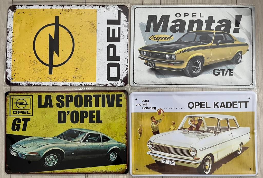 Opel metalen wandborden 20x30 cm (4 voor €26), Verzamelen, Ophalen of Verzenden, Zo goed als nieuw, Reclamebord