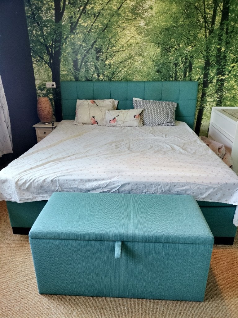 Box spring king size met head rest and storage, Ophalen, Blauw, Tweepersoons, Zo goed als nieuw
