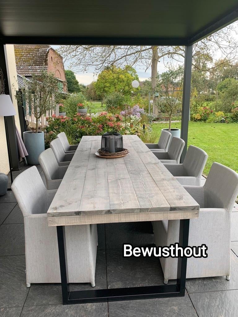 ACTIE!! Steigerhouten Tafel met Metaal onderstel., Tuin en Terras, Tuinsets en Loungesets, Ophalen of Verzenden, Nieuw, Steigerhout