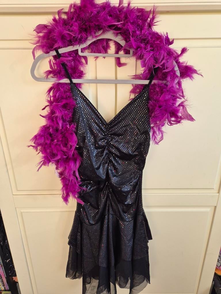 Showgirl Carnaval Kostuum met Boa - Maat S, Zwart, Ophalen of Verzenden, Zo goed als nieuw, Maat 36 (S)