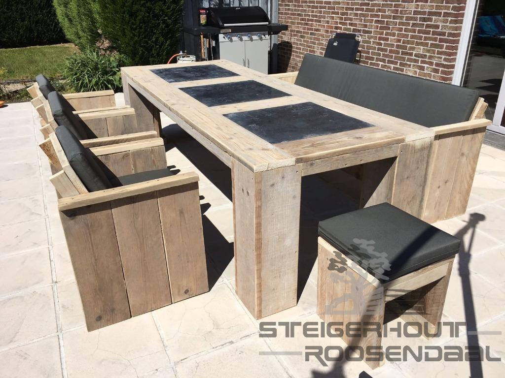 Steigerhout Tuinset Tafel met stoelen/bank SHOWROOM OPEN !!, Tuin en Terras, Tuinsets en Loungesets, Bank, Steigerhout, Nieuw