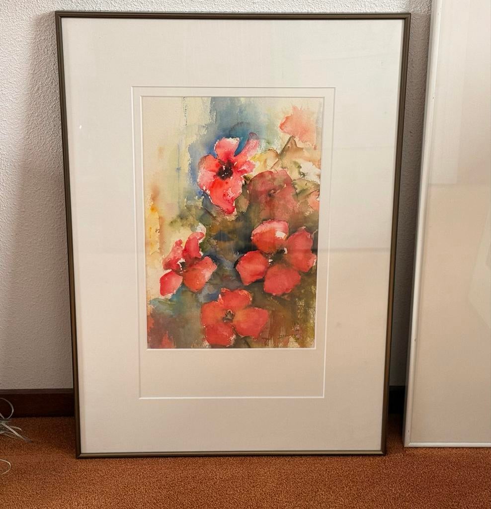 Aquarel Schilderij Bloemen in Lijst, Antiek en Kunst, Kunst | Tekeningen en Foto's, Ophalen