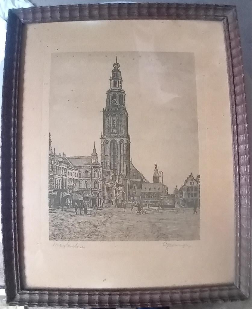 Oude prent van de Martinitoren Groningen, Ophalen of Verzenden