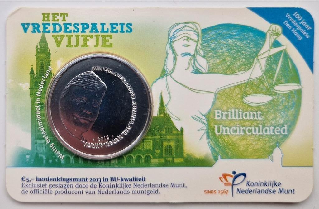 Het Vredespaleis Vijfje 2013 BU coincard, Postzegels en Munten, Munten | Nederland, Losse munt, Euro's, Koningin Beatrix, Ophalen of Verzenden