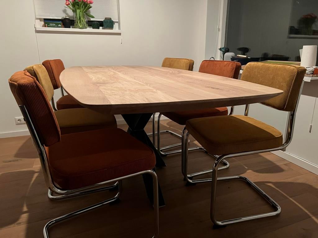 Mooie industrele massief eiken deens ovale tafels, 100 tot 150 cm, Eikenhout, Ophalen of Verzenden, Vijf personen of meer