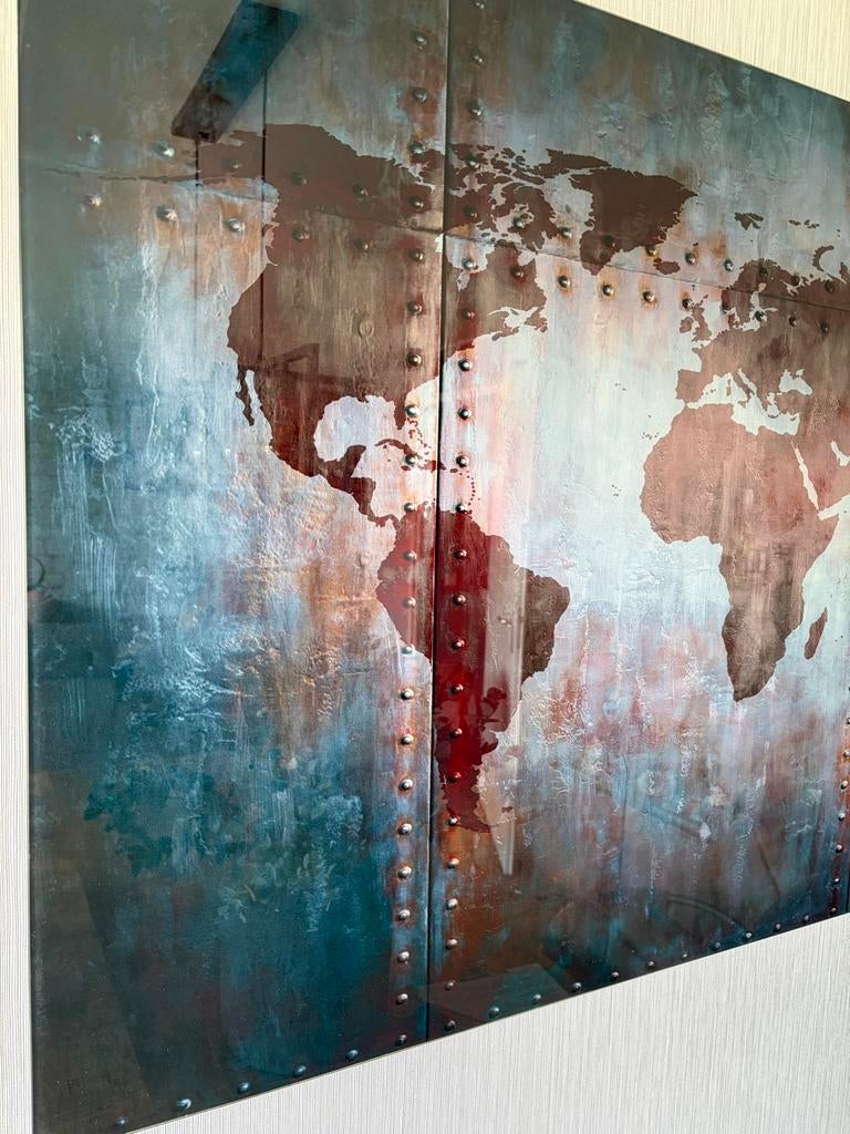 Wereldkaart metaal look op glas - 80x120 cm, Ophalen, Overige typen, Zo goed als nieuw, 100 tot 125 cm