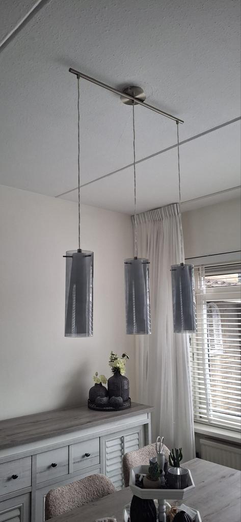 Hanglamp met 3 glazen cilinders, Huis en Inrichting, Lampen | Hanglampen, Ophalen, Zo goed als nieuw, Glas