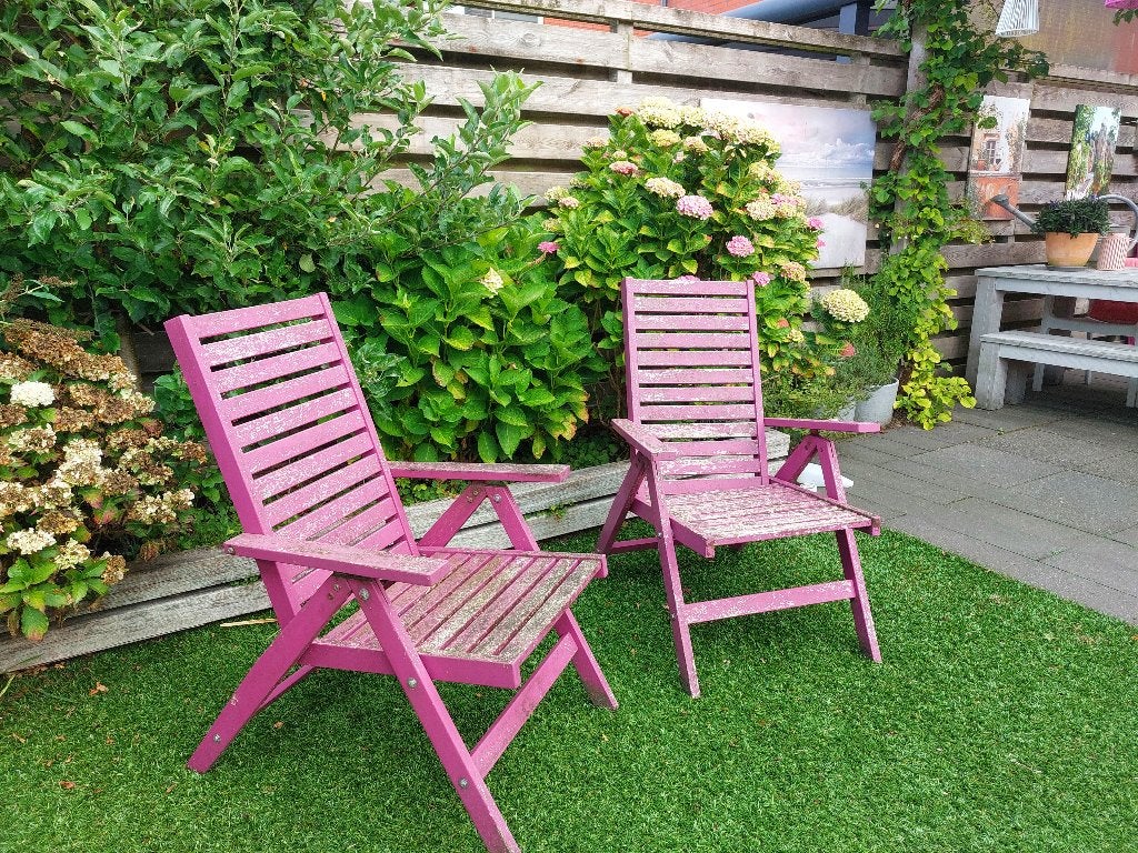 2x Paarse Hardhouten Standenstoelen, Tuin en Terras, Ophalen, Gebruikt, Hout, Verstelbaar