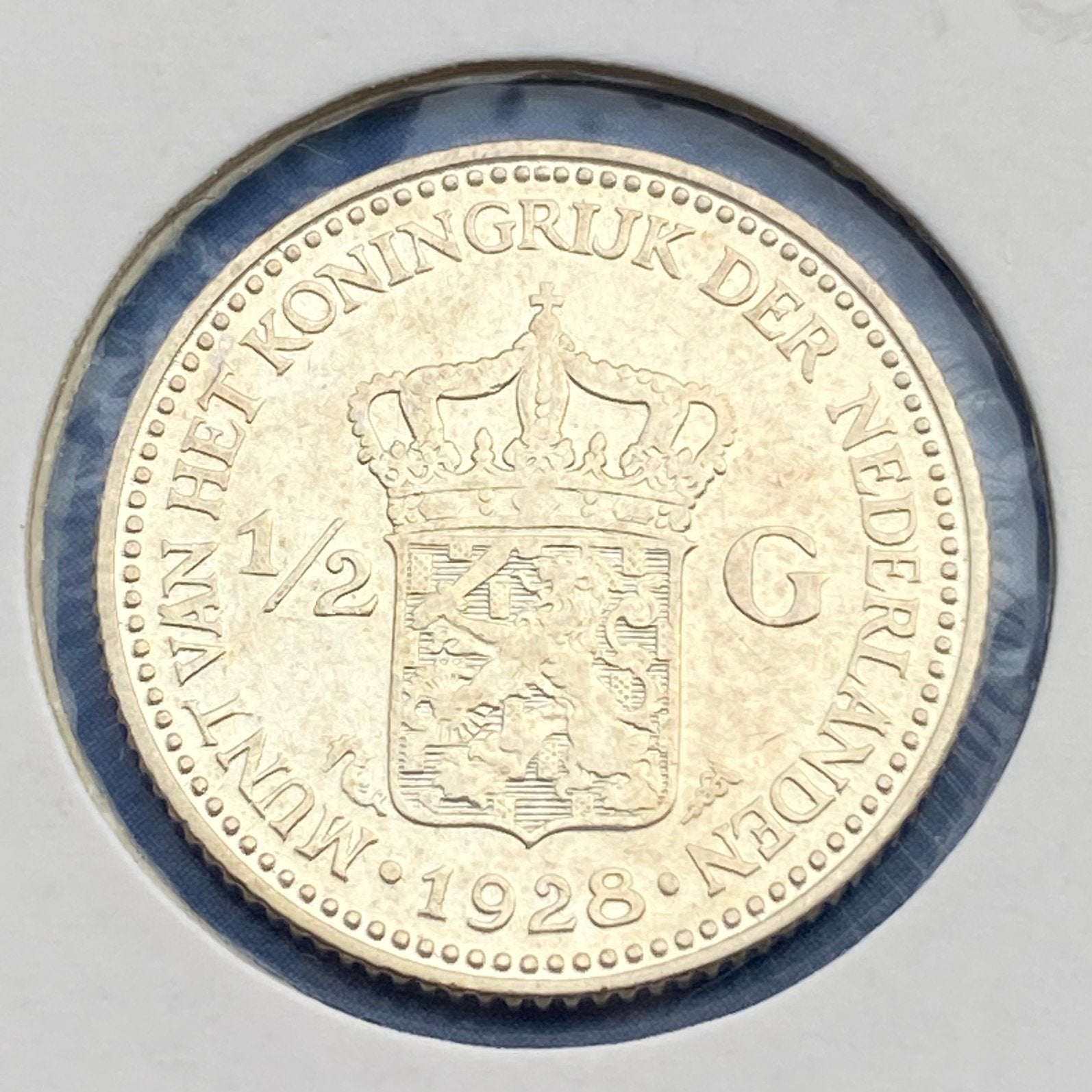 Halve Gulden Zilver uit 1928 van Wilhelmina, Postzegels en Munten, ½ gulden, Verzenden, Zilver, Koningin Wilhelmina