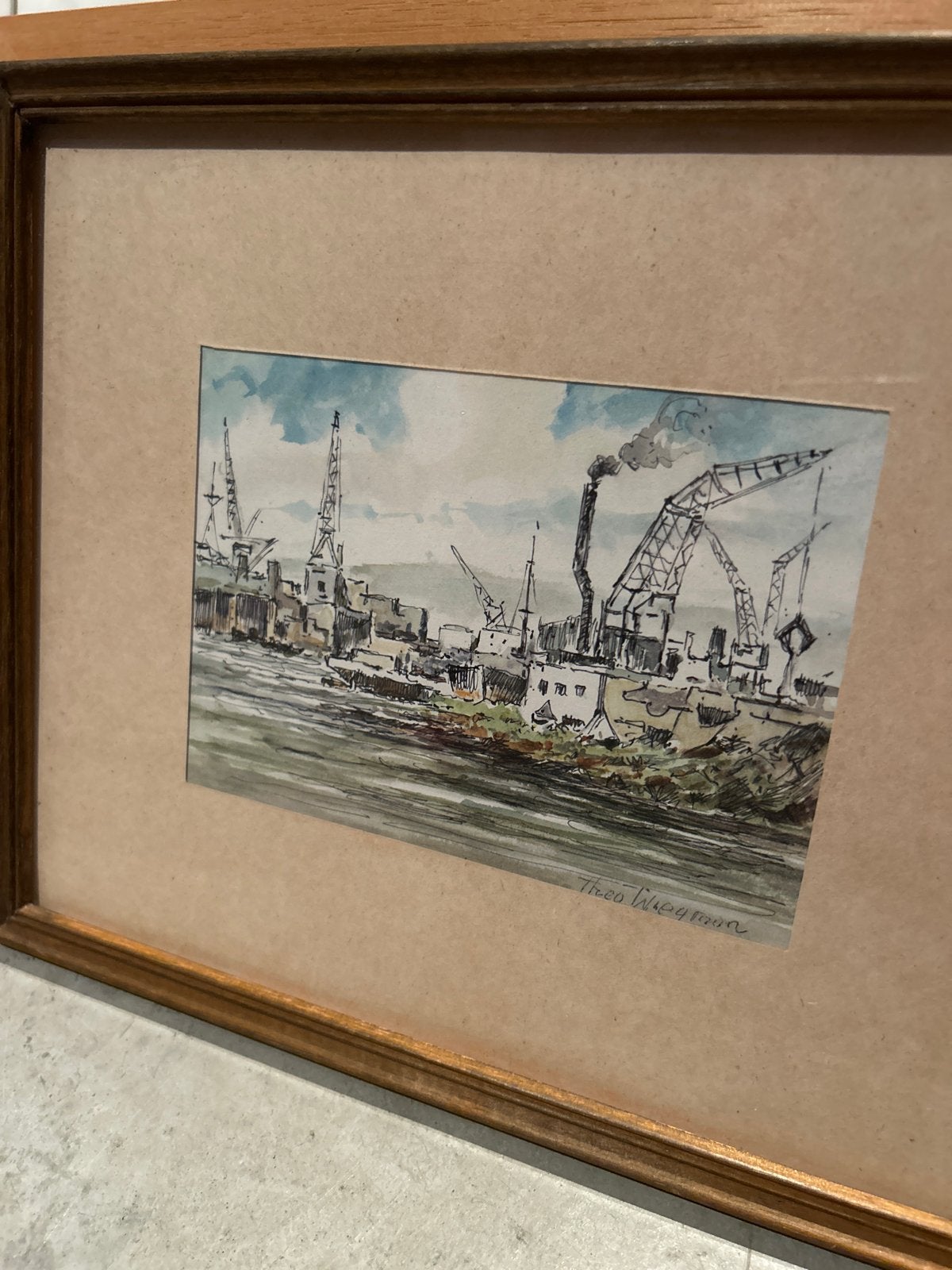 Havenlandschap met kranen - gesigneerd Theo Wiegman, Ophalen, Tekening, Aquarel, Gesigneerd