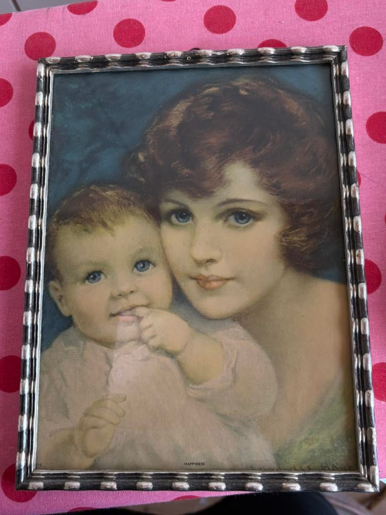 Antiek schilderij lijst prent happiness moeder kind 1920, Ophalen of Verzenden