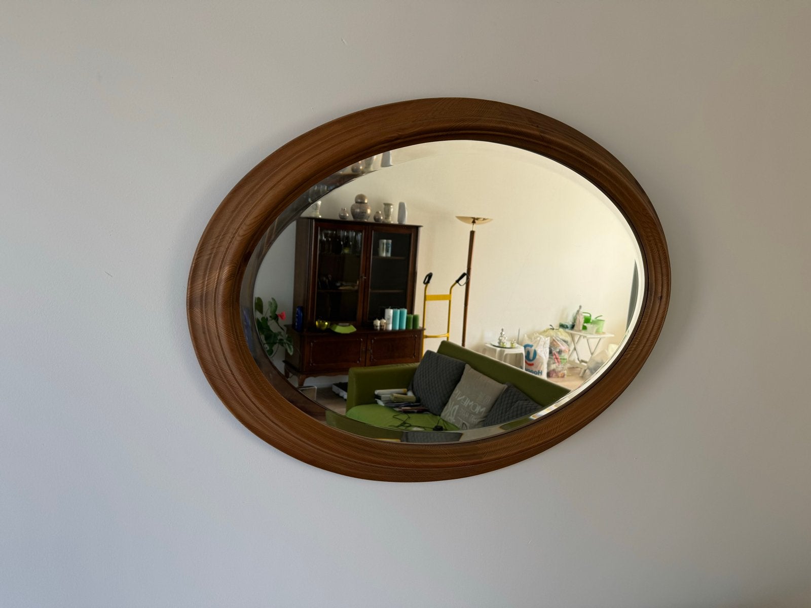 Ovale geslepen spiegel met hardhouten rand 60x90 cm, Ophalen, Gebruikt, Minder dan 100 cm, Ovaal