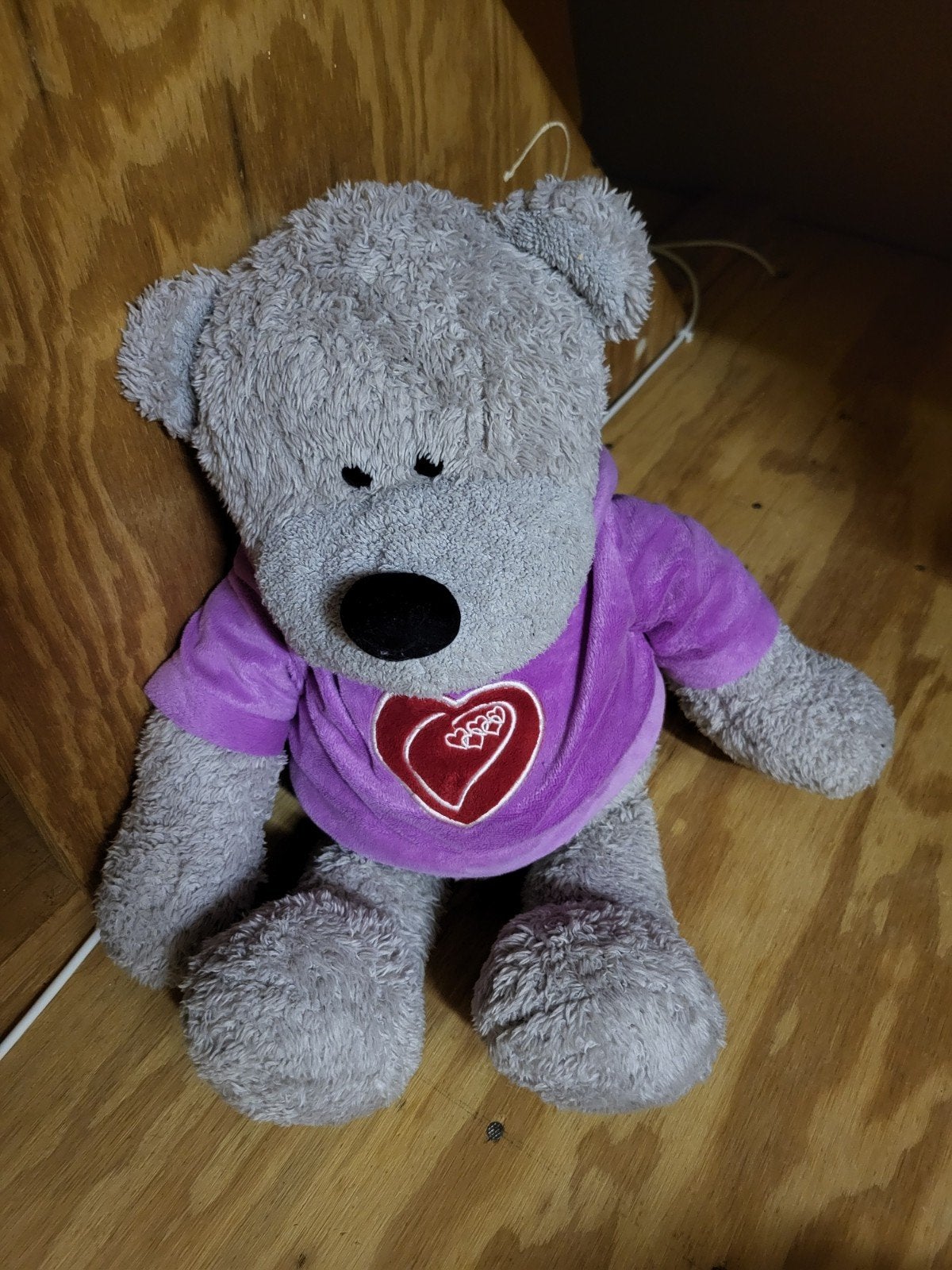 Grijze knuffelbeer met paars shirt en hartjes, Beer, Grijs, Ophalen of Verzenden, Zo goed als nieuw