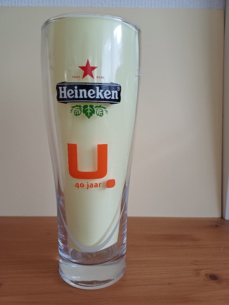 Heineken glas elips dubbeldruk U 40 jaar, Ophalen of Verzenden, Zo goed als nieuw, Glas of Glazen, Heineken