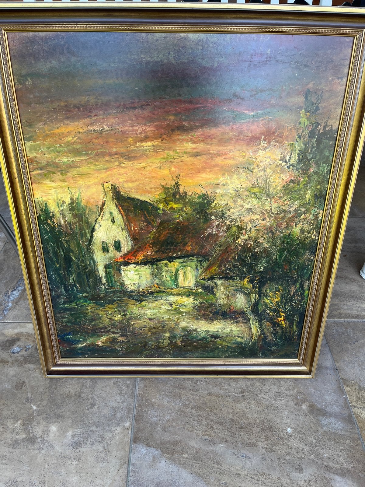 Sfeervol Schilderij: Huisje in Landschap, Olieverf op Doek, Antiek en Kunst, Doek, Impressionistisch, Ophalen of Verzenden, Landschap
