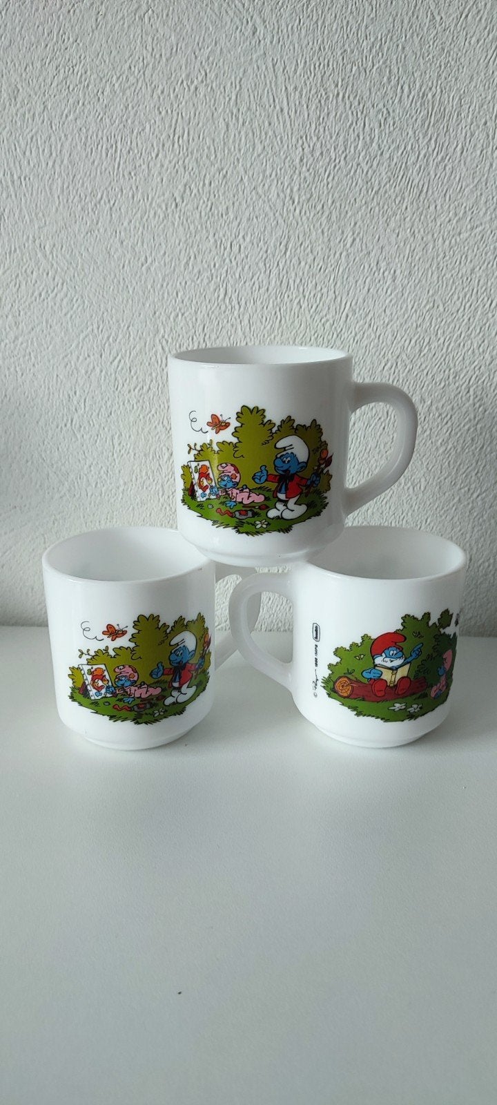3 x Smurf smurfen beker Arcopal wit 1986 Vintage Schtroumpfs, Overige merken, Vintage, Ophalen of Verzenden, Zo goed als nieuw