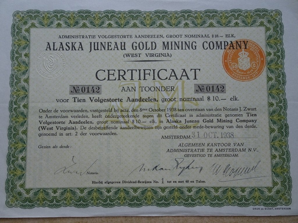 Certificaat Alaska Juneau Gold Mining Compagny. 1938, Ophalen of Verzenden, Voor 1920, Aandeel