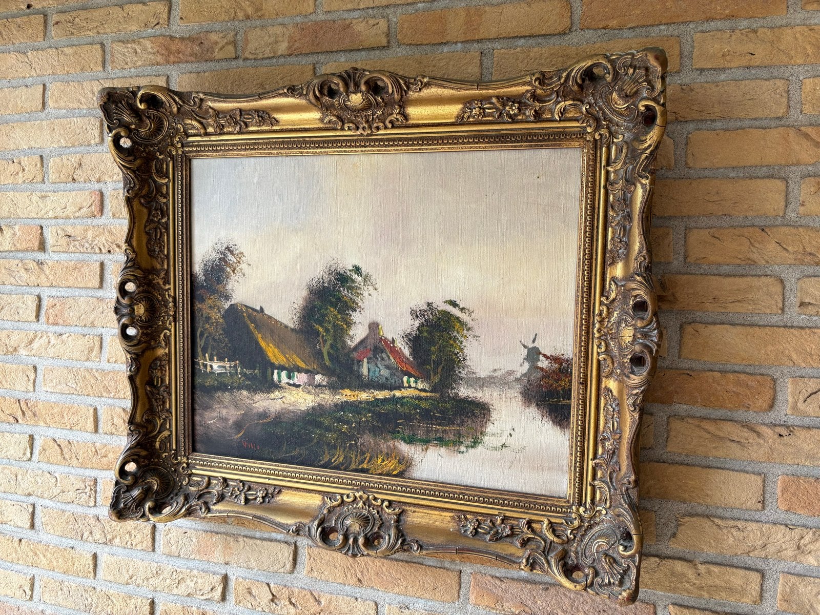 Klassiek Hollands Landschap Schilderij met Molen en Boerderi, Antiek en Kunst, Ophalen, Doek, Gesigneerd, Landschap