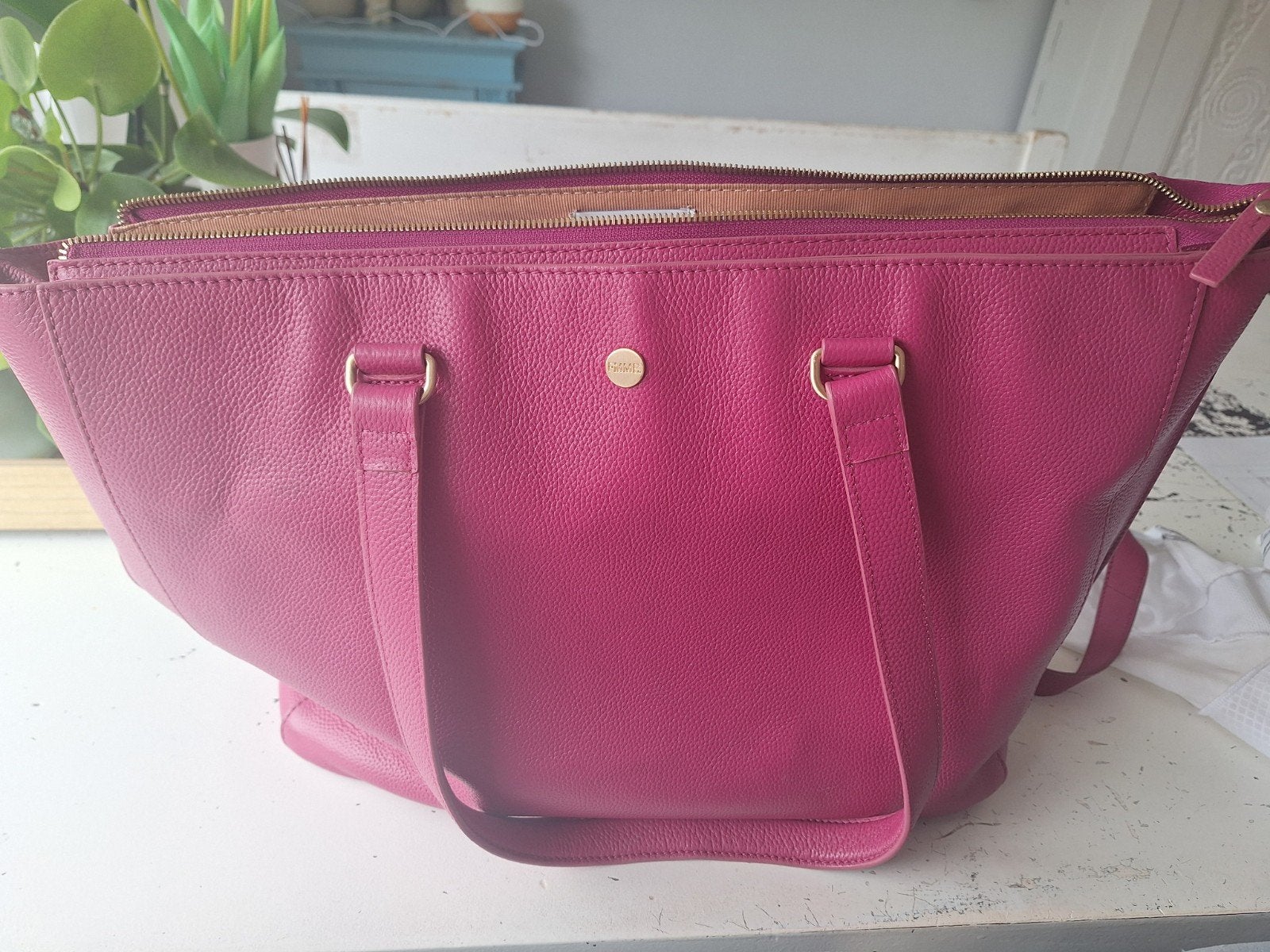 FMME laptoptas/werktas leer roze, Computers en Software, Zo goed als nieuw, 15 inch, Handvat, Roze