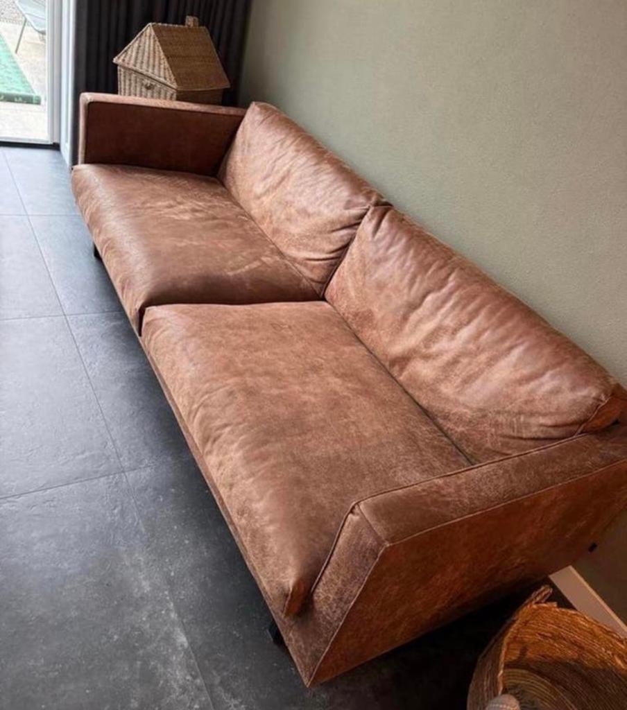 Cognac Leren Bank - 220 cm breed, Huis en Inrichting, Banken | Bankstellen, Ophalen, Gebruikt, Driepersoons, Rechte bank