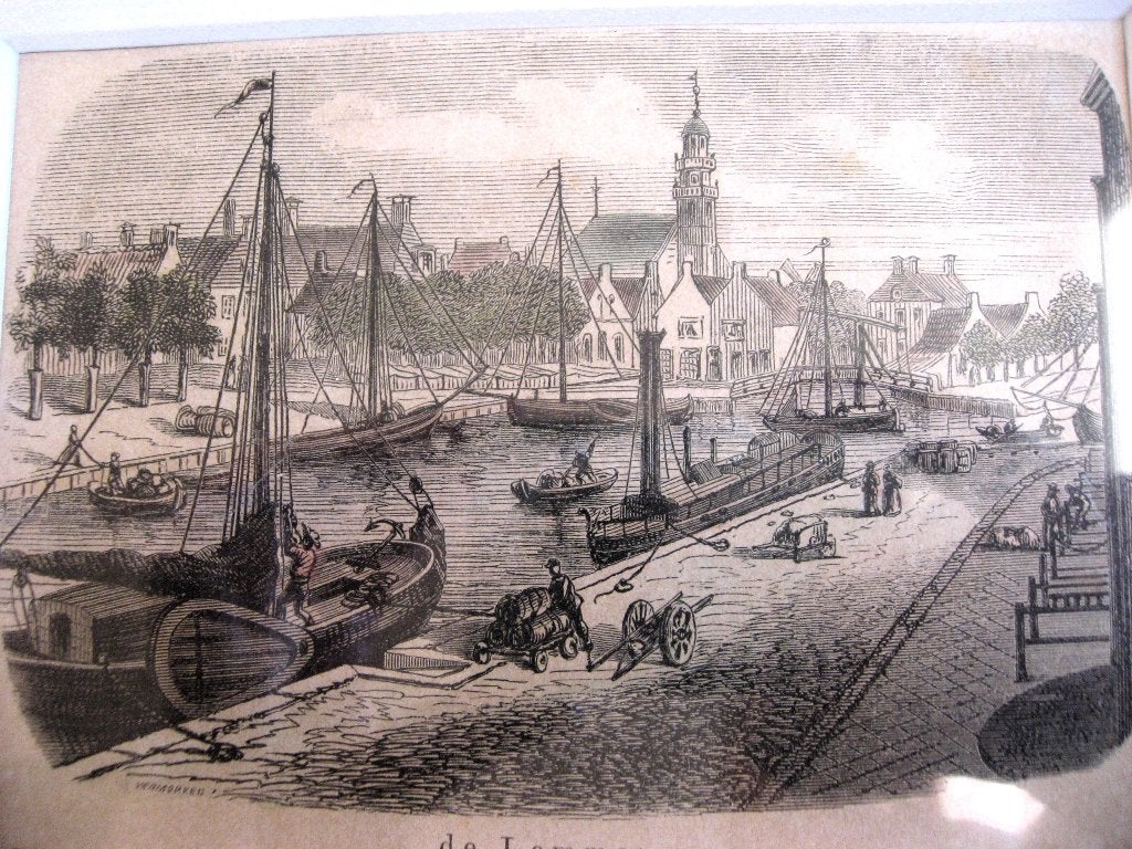 Gravure de Lemmer, havengezicht ca 1869 zeil en stoomboten, Ingelijst, 1800 - 1899, Stadsgezicht, 23 cm