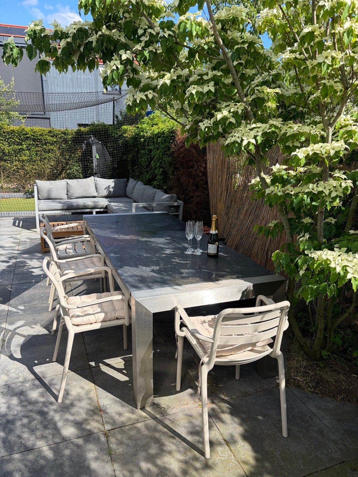 Moderne tuintafel 240x100cm - aluminium en natuursteen blad, Ophalen, Gebruikt, Rechthoekig, Aluminium