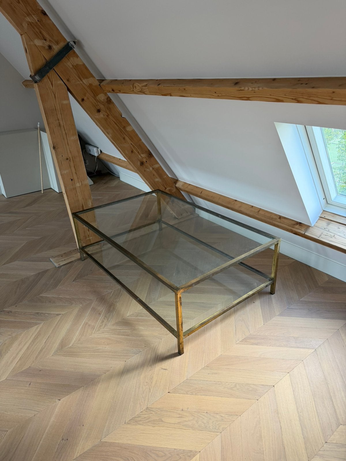Salontafel messing en glas, Ophalen, Gebruikt, 100 tot 150 cm, Glas