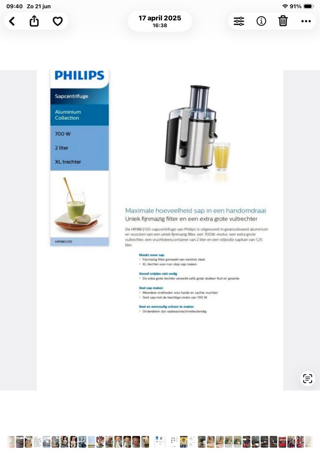 Philips Sapcentrifuge HR1861/00 - Groente- en fruitblender, Ophalen, Gebruikt, Elektrisch, Sapcentrifuge