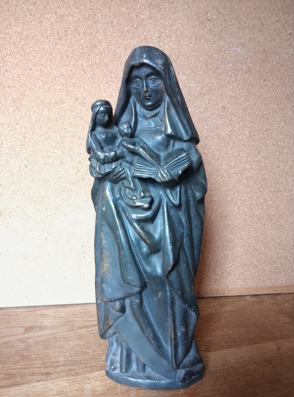 Antiek bronzen beeld: Maria met kind en boek, Ophalen of Verzenden