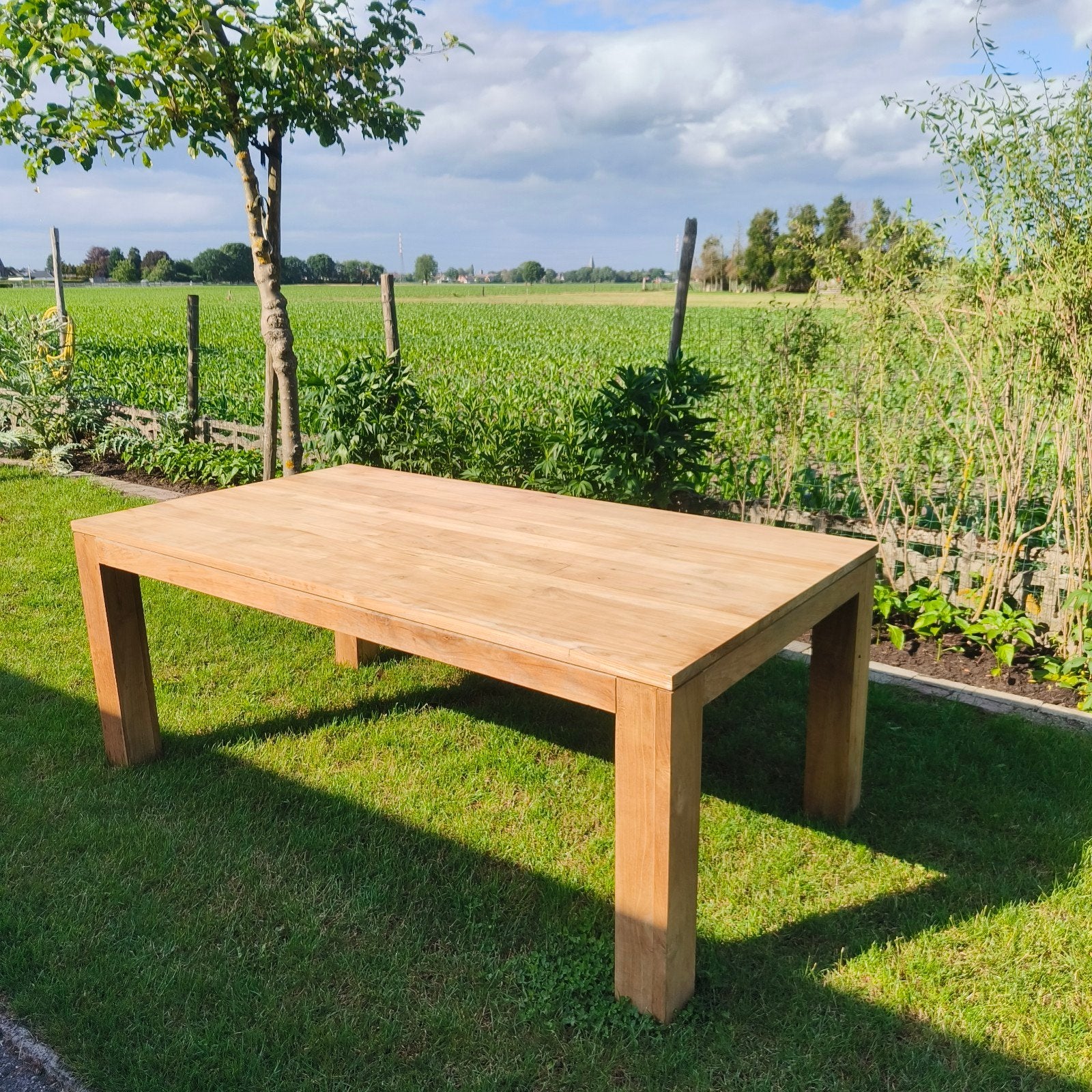 Deugdelijke kwaliteitsvolle robuuste vol teakhouten tafel, Ophalen, 200 cm of meer, 50 tot 100 cm, Zo goed als nieuw