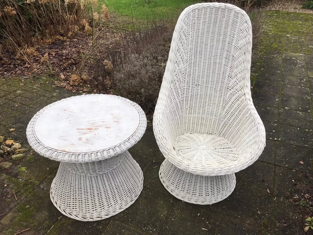 Rotan stoel en tafel, Huis en Inrichting, Ophalen, Gebruikt, Wit, Riet of Rotan