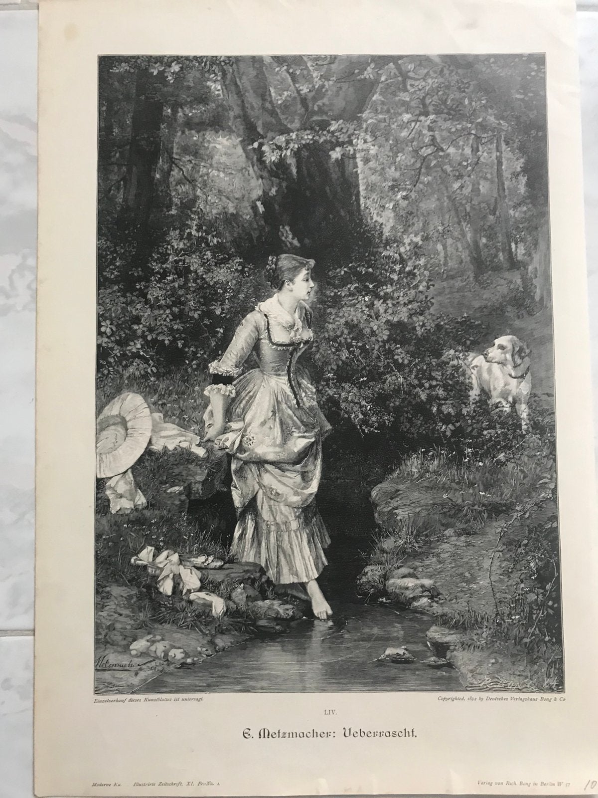 E. Metzmacher: Ueberrascht, 1892, or. gravure, 32x23cm. Mooi, Antiek en Kunst, Origineel, Dagelijks leven, 1800 - 1899, 23 cm